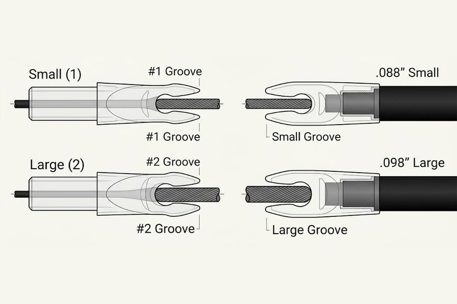 Pin nocks in gold, red, blue, black and white, small and large groove