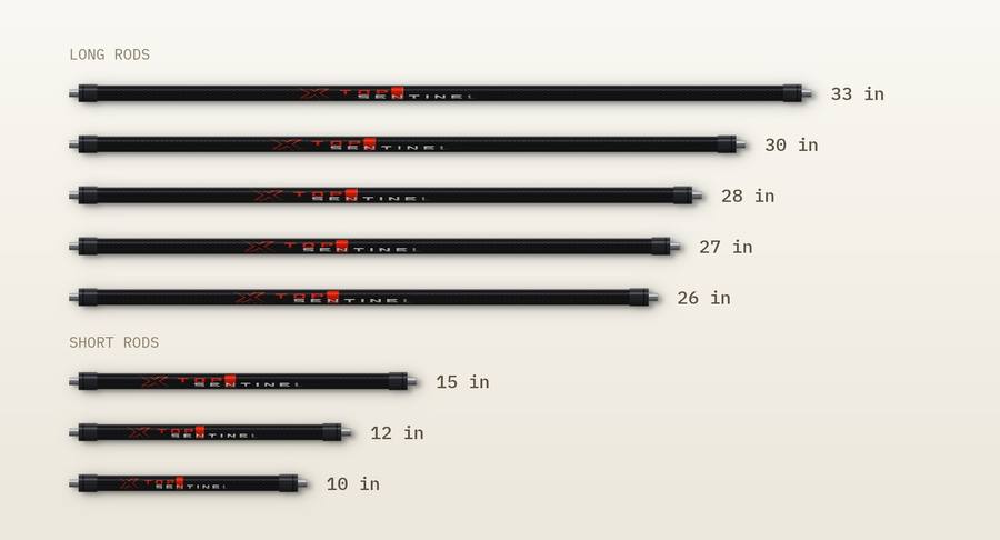 Sentinel carbon rods in every length: long rods 26 to 33 in, short rods 10 to 15 in