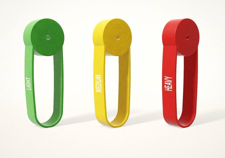 Stretch band set: green light, yellow medium, red heavy (illustration)